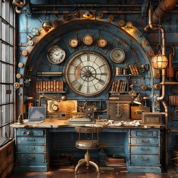 Steampunk study with vintage gadgets and brass details3D render.