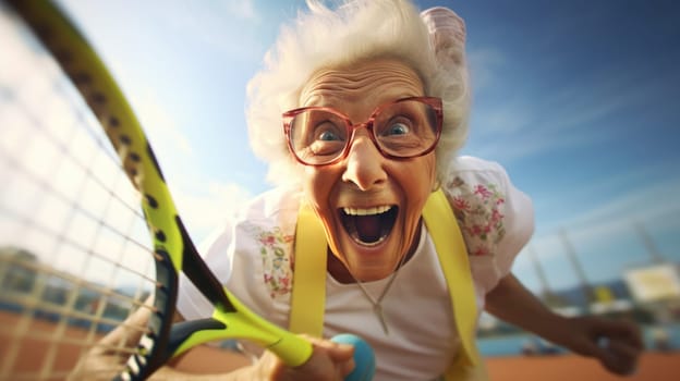 Happy and energetic elderly lady with tennis racket smiling while playing tennis on a bright and sunny day in a beautiful outdoor setting, enjoying the sport and staying healthy and active.