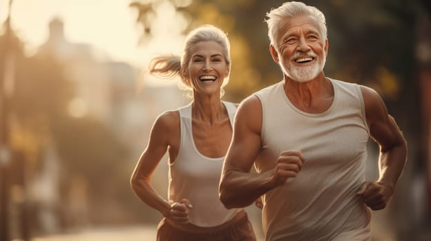 An elderly couple enjoys a morning run in the park. The womans blond hair gracefully flows, matching the mans dignified look. Their smiles radiate happiness, embodying love, health, and vitality.