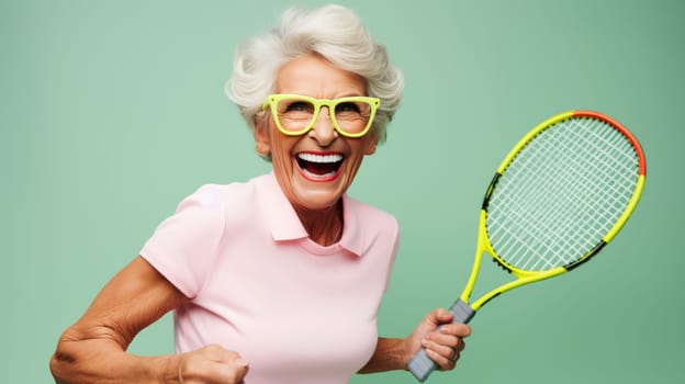 Happy and energetic elderly lady with tennis racket smiling while playing tennis on a bright and sunny day in a beautiful outdoor setting, enjoying the sport and staying healthy and active.