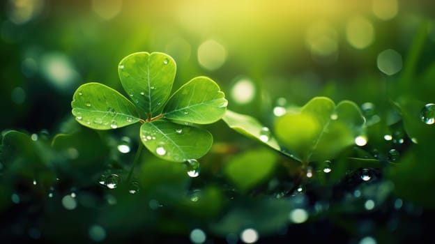 Macro view of green four-leaf clover with morning dew with blurred background, St. Patricks Day luck