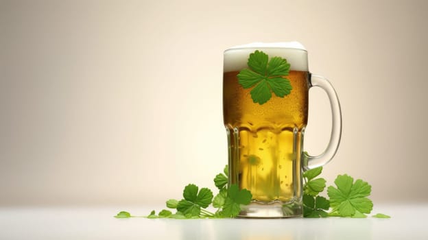 Close-up of a glass of light beer with foamy head on a white surface. Green clovers symbolize St. Patricks Day celebration and luck. Vibrant image captures holiday joy.