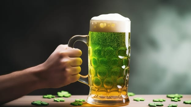 A lively St. Patricks Day scene with a hand holding a glass of green beer adorned with shamrocks on a white background, evoking a festive and celebratory ambiance for the holiday.