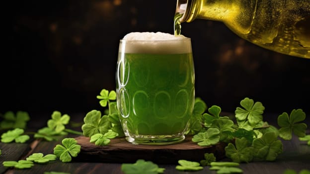 Hand pouring green beer in mug with green four-leaf clover on dark background St. Patricks Day.