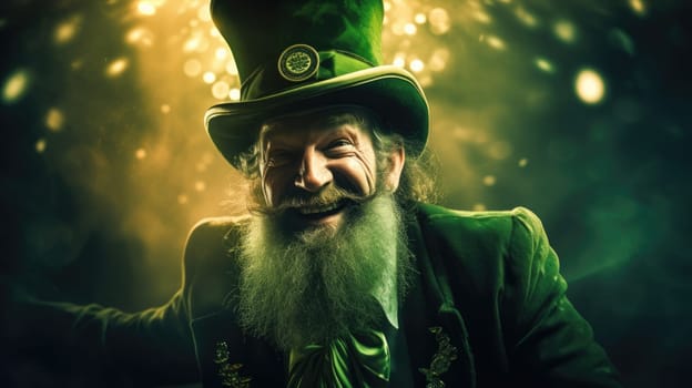 Cheerful elderly male with grey curly hair and beard dressed in elegant green suit and top hat toasting with foamy beer mug in honor of Saint Patricks Day against dark background