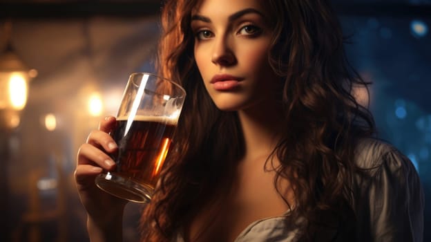A young woman sits contemplatively at the bar, holding a beer. Her reflective expression adds to the cozy retro vibe of the setting, evoking a sense of introspection and warmth.