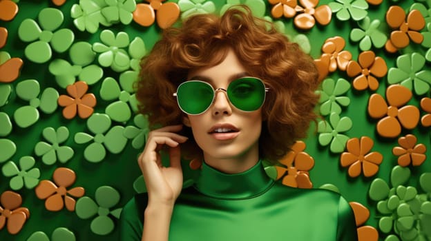 Close-up portrait of a young woman with brown hair, wearing stylish sunglasses. Her radiant smile exudes confidence and happiness as she poses in a studio setting against a vibrant green background.