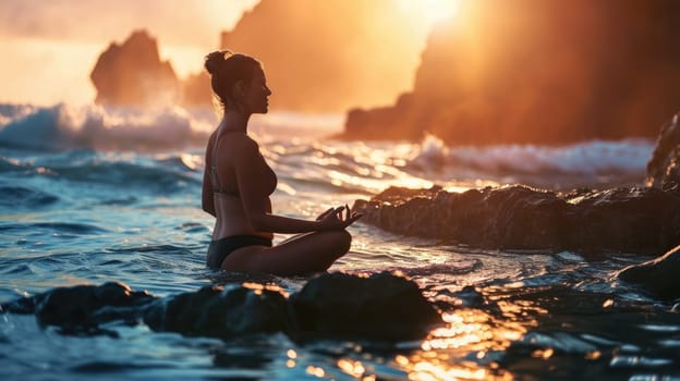 The picture of the young or adult female human doing the yoga pose for relaxation or meditating the mind in the middle of the nature under the bright sun in the daytime of a dawn or dusk day. AIGX03.