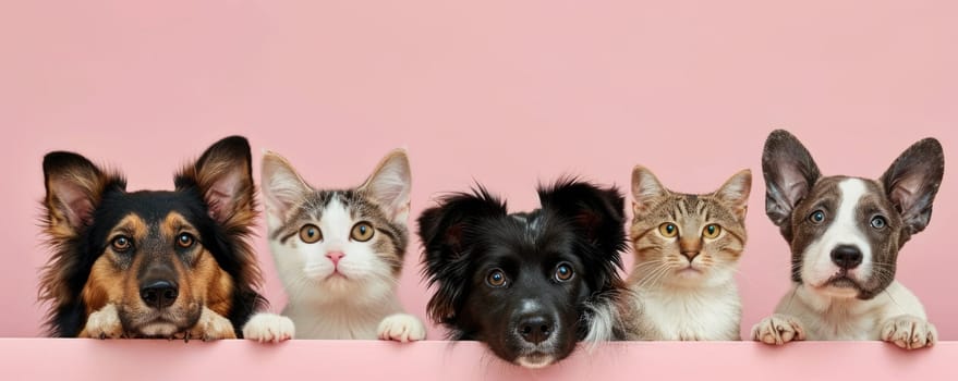 The picture of front view and close up of the multiple group of the various cat and dog in front of the bright pink background that look back to the camera with the curious and interest face. AIGX03.