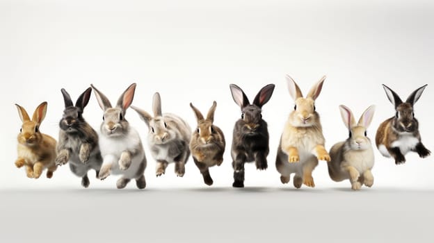 Adorable fluffy rabbits with perky ears hopping on white background.