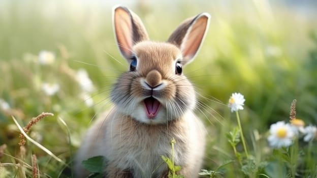 Surprised Funny Cute Bunny with Big Eyes on green grass and blue sky Background, Cute Animal Portrait.