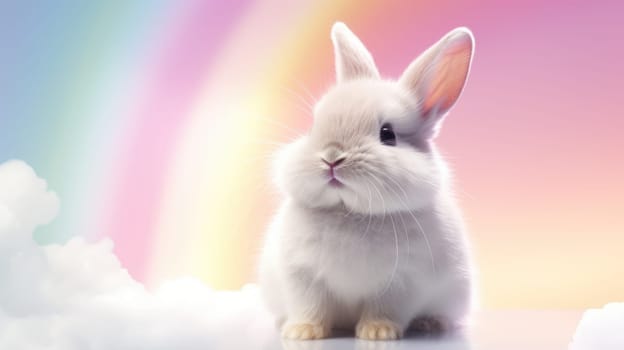 A fluffy white bunny joyfully leaps on white clouds under the bright sun, capturing natures beauty and the bunnys innocence, bringing joy and wonder.