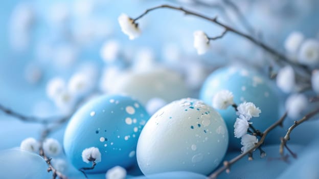 Blue Easter Eggs with White Polka Dots on Light Blue Background. Easter eggs.