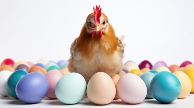 An adorable fluffy yellow baby chick stands in front of a pile of colorful Easter eggs. The chick is looking at the camera with a curious expression. It is isolated on a white background.