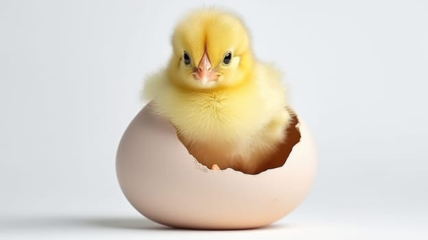 Fluffy yellow baby chick sitting in yellow eggshell. Fresh farm eggs. Chicken farm..