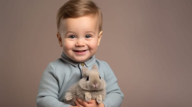 An adorable image of a toddler boy smiling and hugging a cute gray bunny. Perfect for illustrating stories about children, animals, and family. Isolated on a gray background.