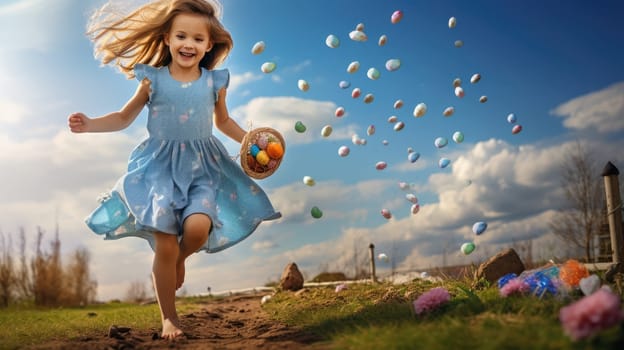 Cheerful young girl holding colorful Easter egg basket under clear blue sky on sunny spring day.