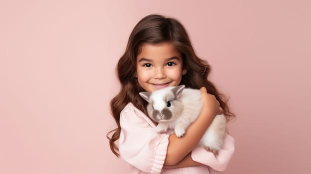 A happy young girl with long flowing hair wearing a cozy pink sweater embraces a fluffy white bunny with a big smile on her face. The adorable duo poses together, radiating pure joy and warmth.