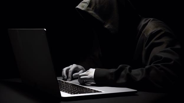 An obscured figure in a hoodie types on a laptop in the dark - cybercrime and online security threats - Generative AI