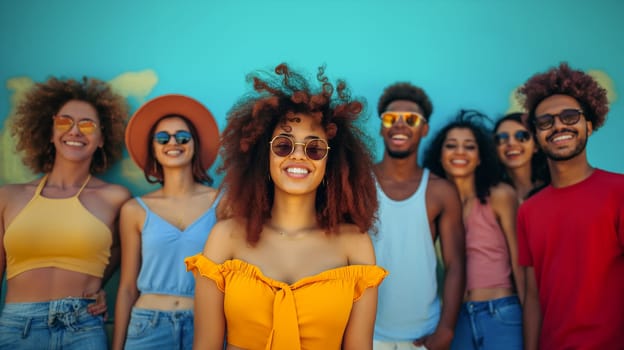 A diverse group of young friends smiling and having fun against a bright blue background, radiating the joy of summer companionship - Generative AI