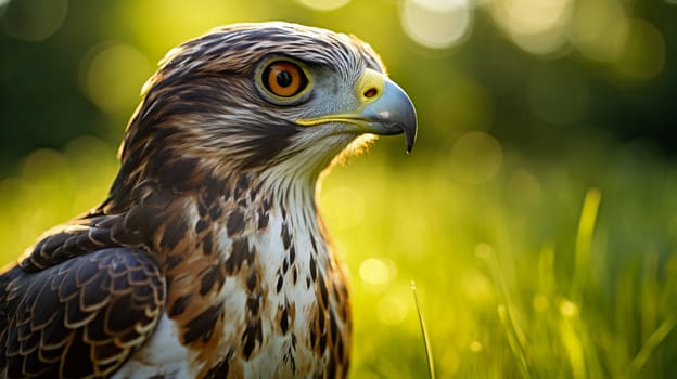 Close-up of a hawk's head with intense eyes in a sun-drenched field - Generative AI