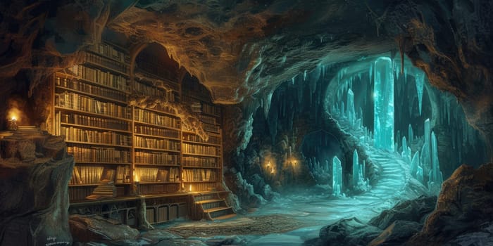 An ancient library filled with magical books, glowing orbs, and mystical artifacts. Shelves reach up to a high, vaulted ceiling, with soft light filtering through stained glass windows. Resplendent.