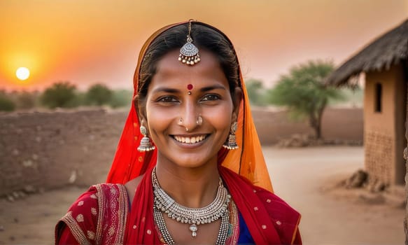 Indian woman smiles gracefully elegantly dressed in colorful sari, showcasing vibrant cultural heritage of India. For use in cultural presentations, travel brochures highlighting traditional attire