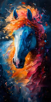 A stunning painting of a working animal, a horse, with an electric blue mane. This artwork showcases the beauty of this organism through visual arts and watercolor paint