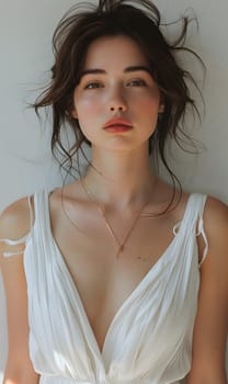 A woman with layered hair, in a white dress and necklace, gazes at the camera, showcasing her eyelashes, chest, and throat as well as her fashion accessories in a fashion design event