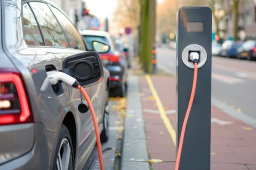 a black car is plugged into a charging station by AI generated image.