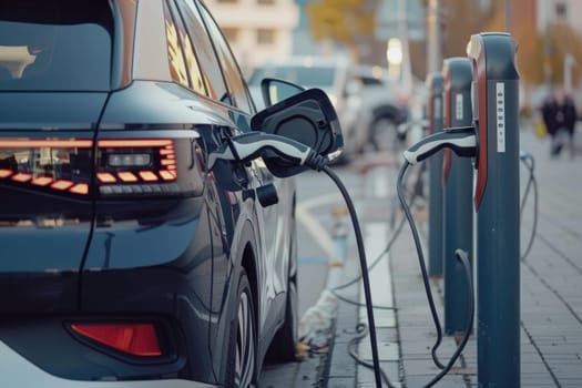 a black car is plugged into a charging station by AI generated image.