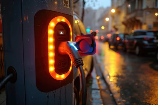 A car is plugged into a charging station by AI generated image.