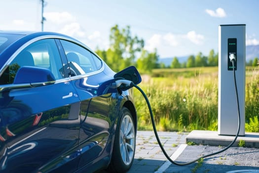 a black car is plugged into a charging station by AI generated image.