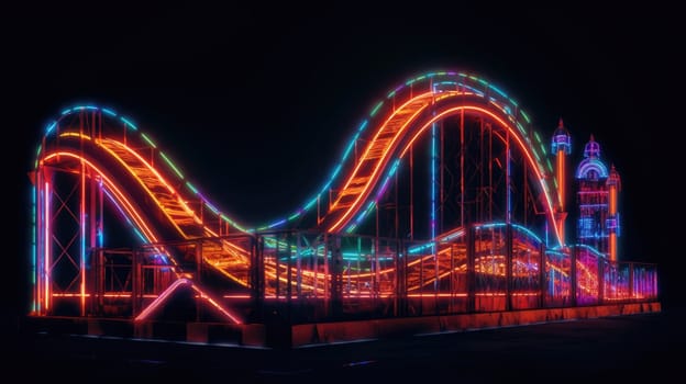 Amusement park with roller coaster at night with bright colorful neon lights.