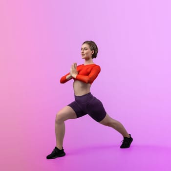 Full body length gaiety shot athletic and sporty woman doing healthy and meditative yoga exercise workout posture on isolated background. Healthy active and body care lifestyle