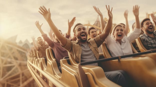 Excited friends experiencing the thrill of a roller coaster at the amusement park. Laughter and screams echo under the sunny sky, creating unforgettable memories on this fun-filled day.