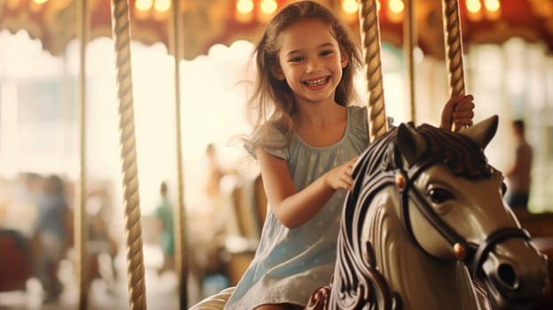 A happy little girl rides a carousel horse at a carnival or fun fair. The carousel is lit up with colorful lights, and the girl is smiling and laughing. Isolated on a blurred background.