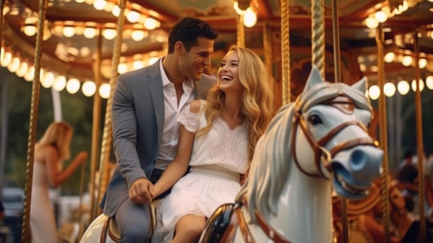 A joyful couple creates lasting memories on a vibrant carousel at the amusement park, surrounded by colorful lights and cheerful music, filling the air with happiness and laughter.