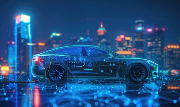 A futuristic car with a city skyline in the background by AI generated image.