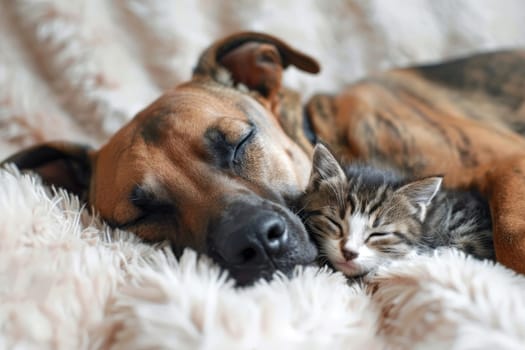 Close up cat and dog lying together on a cozy couch, Animals friendship.