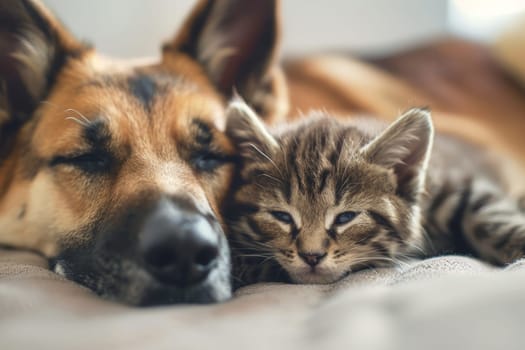 Close up cat and dog lying together on a cozy couch, Animals friendship.