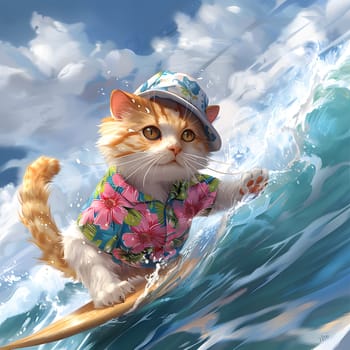 A Felidae organism, disguised as a cartoon character, skillfully rides a wave on a surfboard under a cloudy sky, showcasing its carnivore instincts and artistic hat