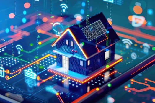 A house is lit up with neon lights and is on a circuit board by AI generated image.