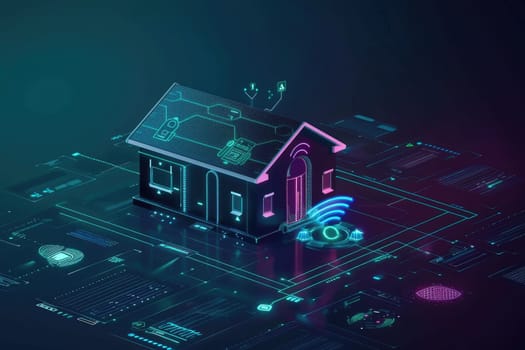 A house is lit up with neon lights and is on a circuit board by AI generated image.