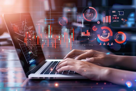 A person is using a laptop to view graphs and charts by AI generated image.