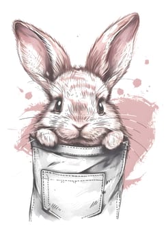 An illustration of a rabbit with long whiskers and ears sticking its head out of a pocket. The hares snout is visible, creating a charming art painting