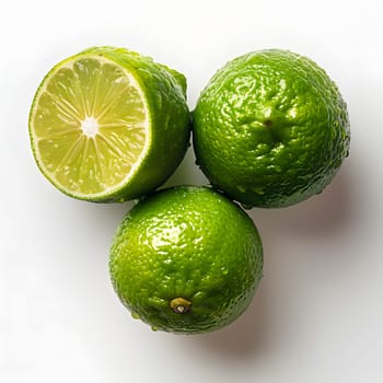 Three citrus fruits a Rangpur, a Meyer lemon, and a Persian lime are lined up side by side on a clean white surface, showcasing the variety of sweet and tangy flavors these natural foods offer