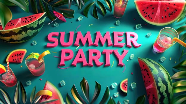 a poster for a summer party with cocktail and watermelon. Generative AI.