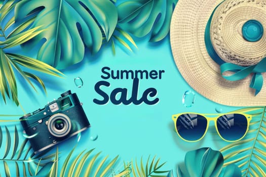 Creative summer sale banner with beach, tropical leaves, hat, sunglasses, camera.