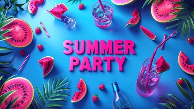 a poster for a summer party with cocktail and watermelon. Generative AI.